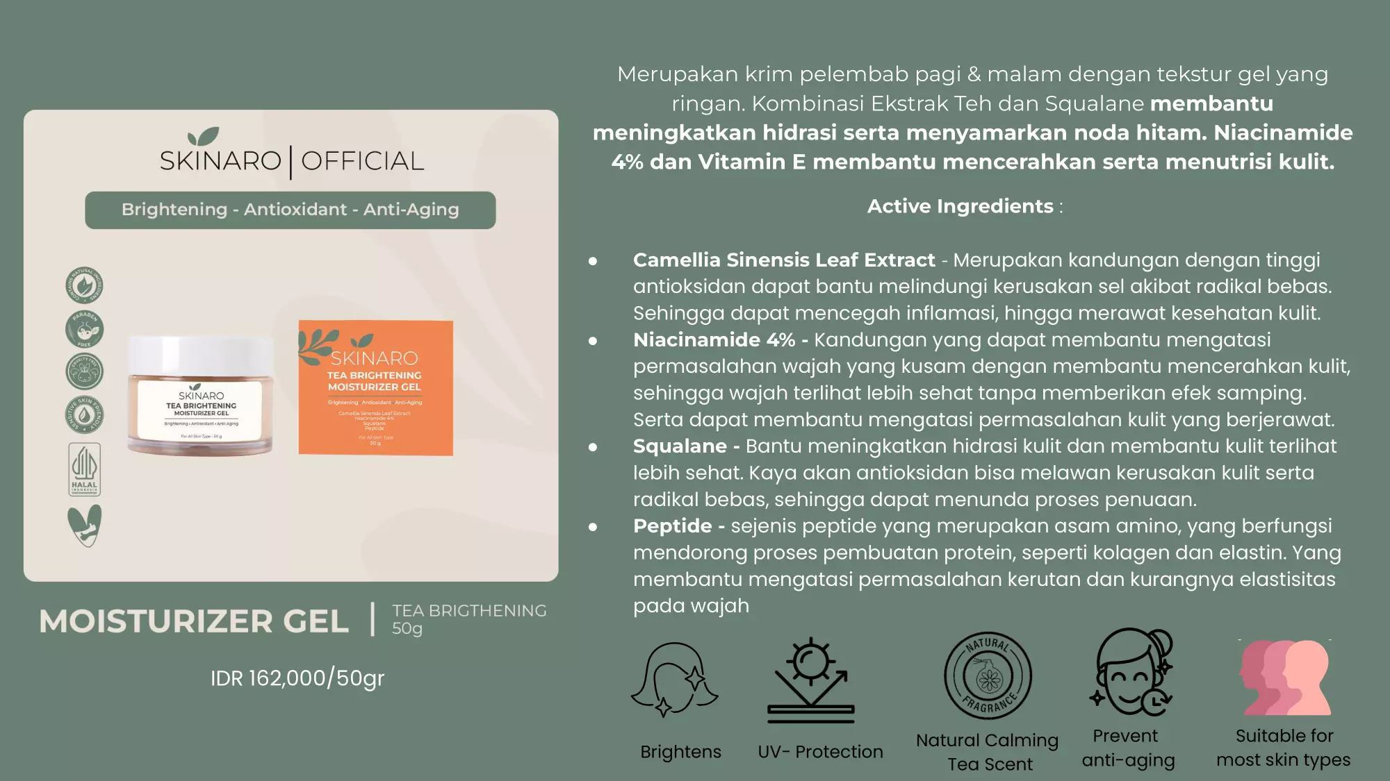 Kandungan Aktif Skinaro Tea Brightening Moisturizer Gel